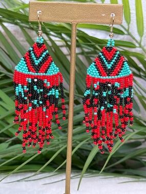 Boho Beaded Fringe Earrings Red Turquoise Black Statement Earrings
